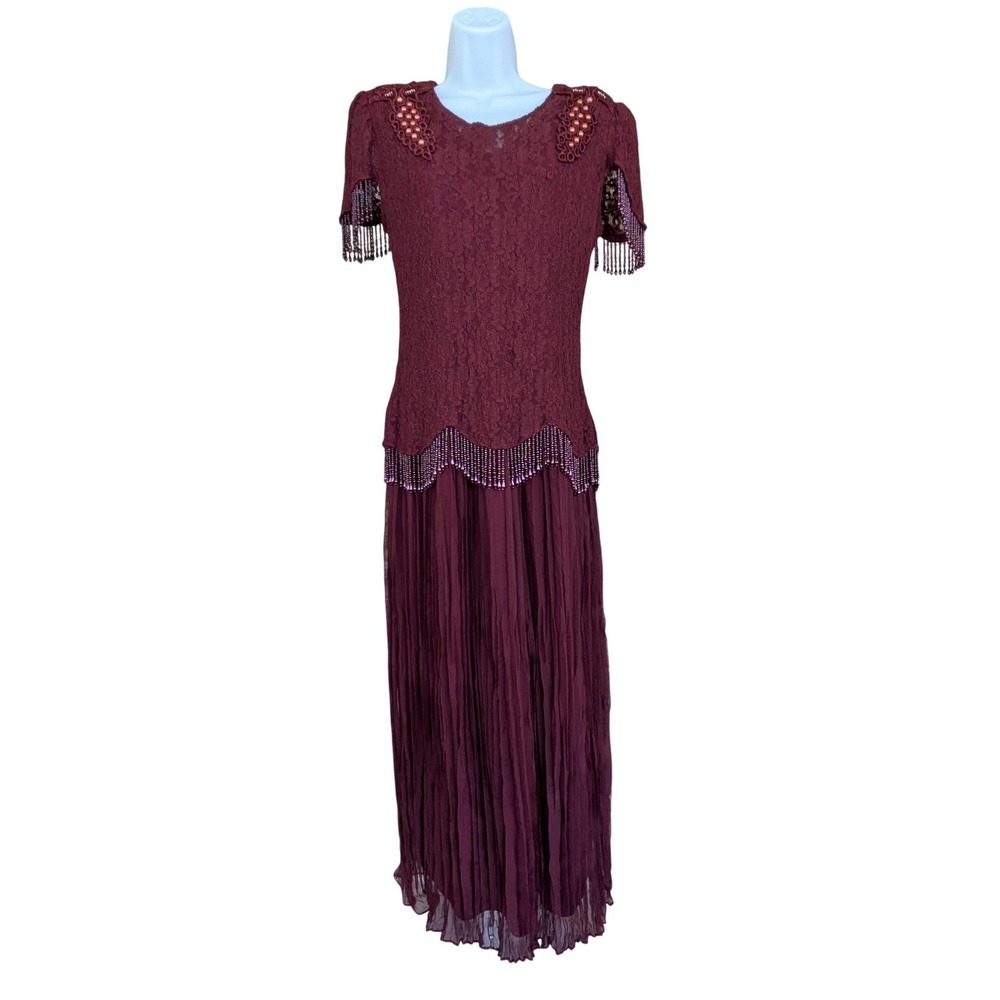 Speed Dress Womens Small Red Lace Beaded Maxi Puff Sleeve Vintage Formal Evening